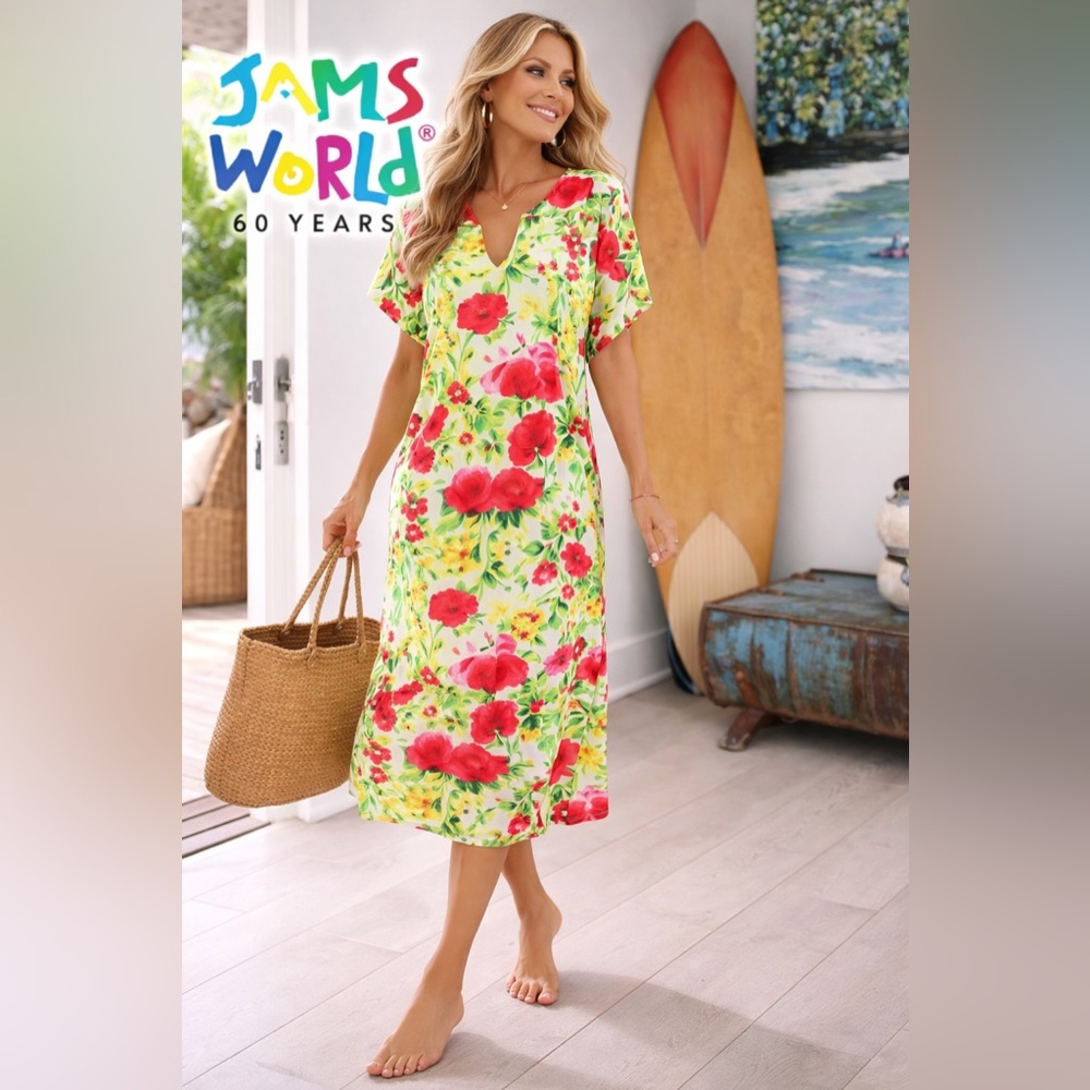 Jams World Hawaii Janice Dress Rayon Tropical Resort Caftan Shift Breezy Size S